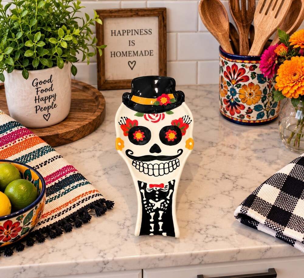 New Spooky Day Of The Dead Sketeton Top Hat Halloween Kitchen Spoon Rest Decor